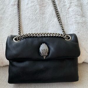 Kurt Geiger Black Shoulder Bag with Silver Chain Strap and Flap Closure